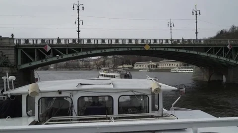 Ship passing under old bridge Stock Footage 72226540