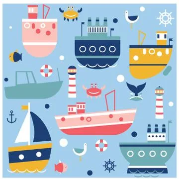 Ship pattern flat illustration seamless design Illustrazione stock
