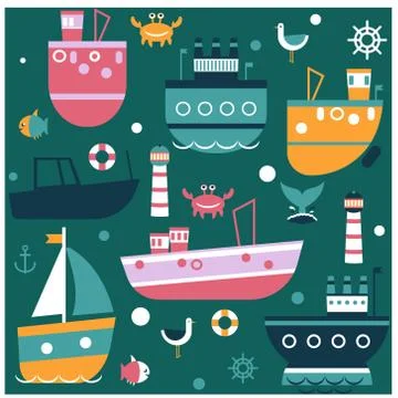 Ship pattern flat illustration seamless design 스톡 일러스트