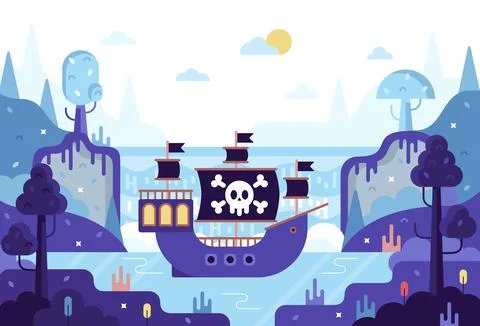 Ship with a pirate flag in the bay - vector cartoon illustration in game stile Stock Illustration