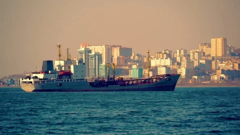 The ship in port of the city Stock Footage 75462713