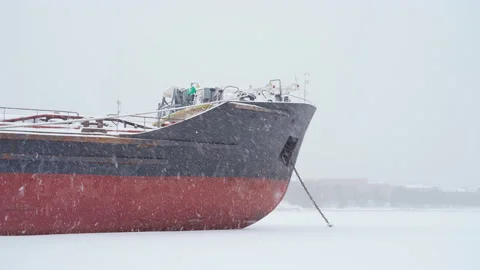 Ship at the port in winter. Stock Footage
