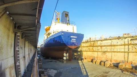 The ship pours water in a dry dock. Stock Footage 86785495