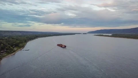 The ship pusher floats on the river. Stock Footage 156379291