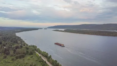 The ship pusher floats on the river. Stock Footage 156379313