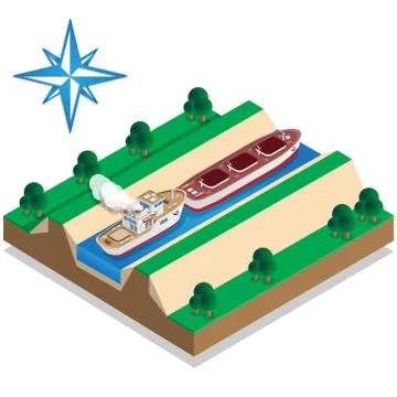 The ship is pushing the barge. Stock Illustration