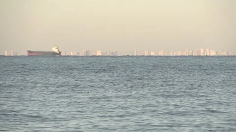 The ship is on raid against the backdrop of the city. Stock Footage 53151536
