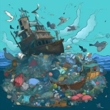 The ship ran aground because of a pile of garbage in the sea Stock Illustration