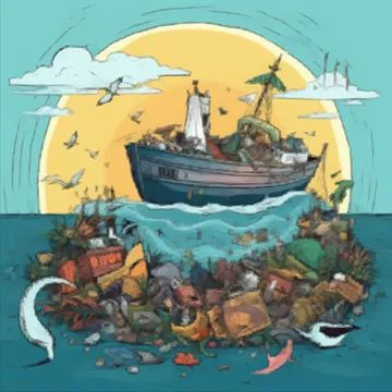 The ship ran aground because of a pile of garbage in the sea Stock Illustration