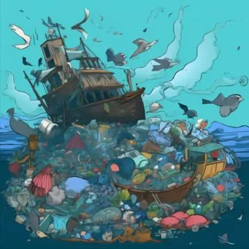 The ship ran aground because of a pile of garbage in the sea Stock Illustration