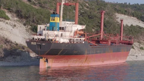 The ship ran aground. Environmental pollution at sea. Aerial view. grounded ship Stock Footage 137653228