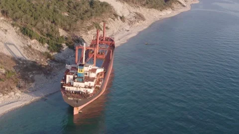 The ship ran aground. Environmental pollution at sea. Aerial view. grounded ship Stock Footage 137655005