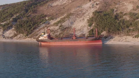The ship ran aground. Environmental pollution at sea. Aerial view. grounded ship Stock Footage 137655760