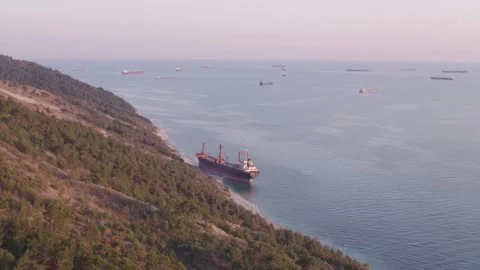 The ship ran aground. Environmental pollution at sea. Aerial view. grounded ship Stock Footage 137655941