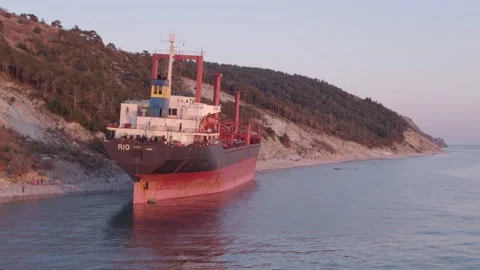 The ship ran aground. Environmental pollution at sea. Aerial view. grounded ship Stock Footage 137656401