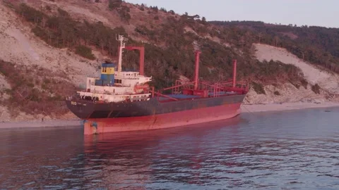 The ship ran aground. Environmental pollution at sea. Aerial view. grounded ship Stock Footage 137656593