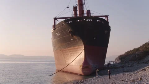 The ship ran aground. Environmental pollution at sea. Aerial view. grounded ship Stock Footage 138834558