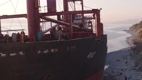 The ship ran aground. Environmental pollution at sea. Aerial view. grounded ship Stock Footage 138834776