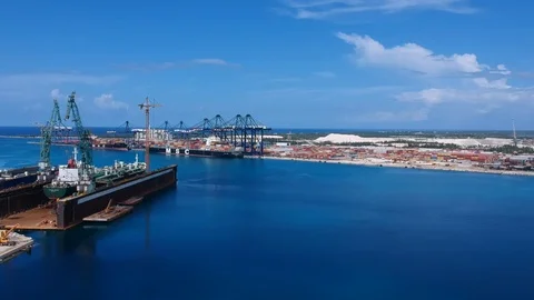 Ship Repair Dry Dock Facility in Freeport, Grand Bahama Aerial View Stock Footage 94413461