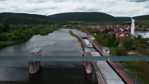 A  ship on a river from above Stock Footage 154500709
