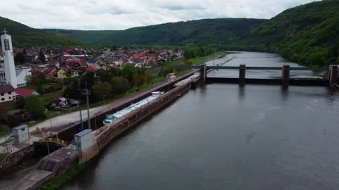A ship on the river from above Stock Footage 154500899