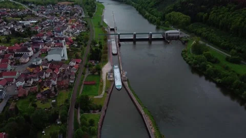 A ship on the river from above Stock Footage 154500969