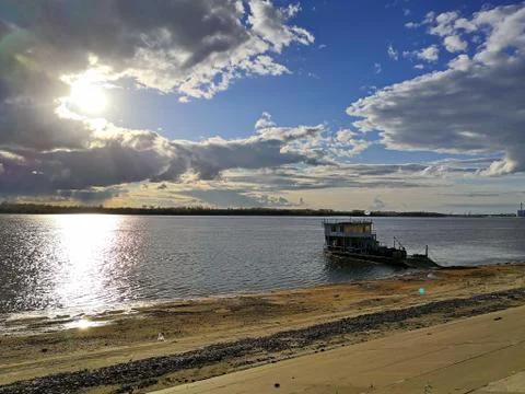 Ship on the river at the pier Stock Photos