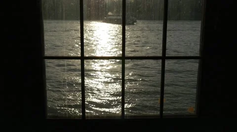 Ship on river seen through backlit window Stock Footage 43108521