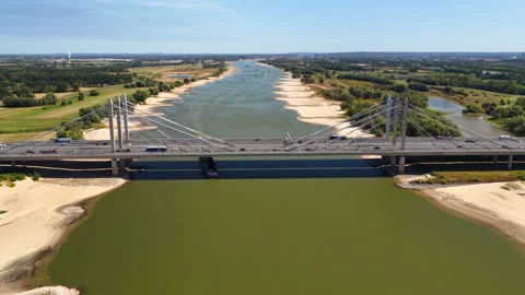 Ship on the river Waal during summer drought seen from above Stock Footage 342111544