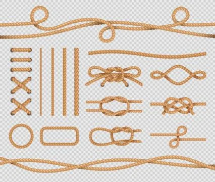 Ship rope elements. Realistic marine loops and knots. Nautical ropes. Vector Stock Illustration