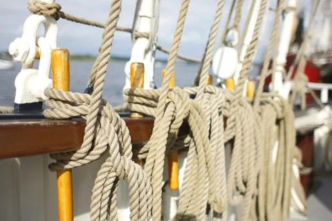 Ship ropes rigging of an sailing ship Stock Photos