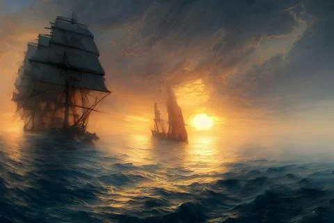 Ship in rough sea with sunset, inspired by Turner Illustrazione stock