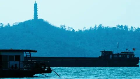 The ship sailed on the river Stock Footage 244325024