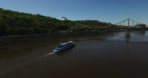 A ship is sailing on the Dnieper river Stock Footage 151855110