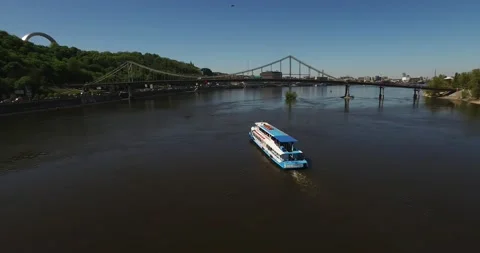 A ship is sailing on the Dnieper river Stock Footage 151855377