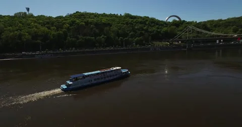 A ship is sailing on the Dnieper river Stock Footage 151855595
