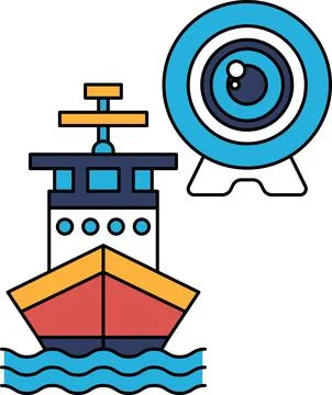 A ship is sailing in the ocean with a camera on the side Ilustración de archivo