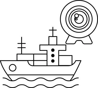 A ship is sailing in the ocean with a camera on the side Ilustración de archivo