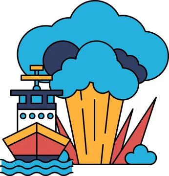 A ship is sailing in the ocean with a cloud of smoke in the background Illustrazione stock