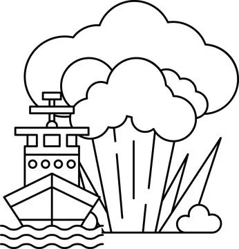 A ship is sailing in the ocean with a cloud of smoke in the background Stock Illustration