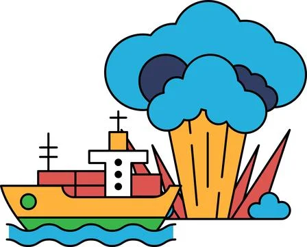 A ship is sailing in the ocean with a large cloud of smoke in the background Stock Illustration