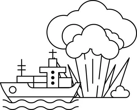 A ship is sailing in the ocean with a large cloud of smoke in the background Stock Illustration