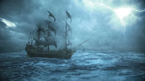 Ship sailing in the ocean in a storm with rain and lightning Stock Footage
