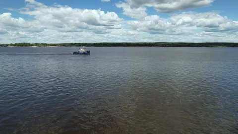 The ship is sailing on the river Stock Footage 217845464