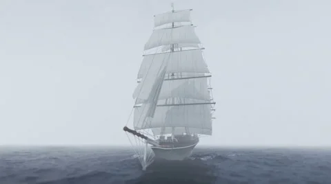 Ship sailing in rough seas with fog and clouds Stock Footage