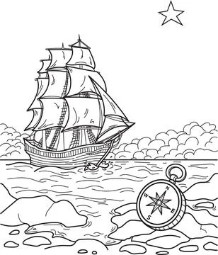 A ship sailing on the sea. Vector illustration, outline on a white background Stock Illustration