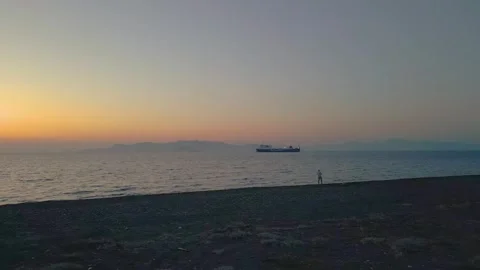 Ship Sailing On The Sunset Beach Of Kos Greek Island, Greece. Aerial Wide Stock Footage 247705763
