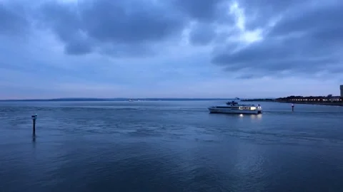 The ship sails down the river in the late evening Stock-Footage 147717360