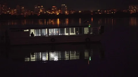The ship sails on the evening river Stock-Footage 128658293