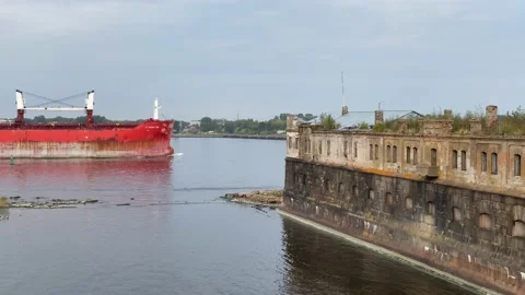 The ship sails by the fort Stock Footage 161898873